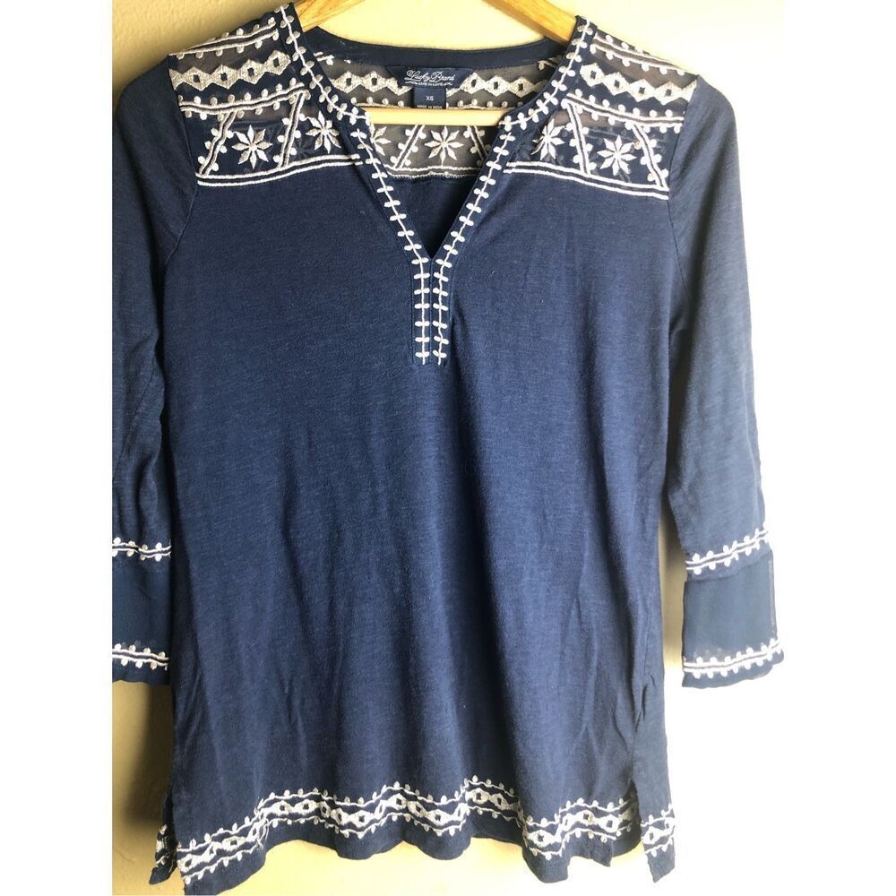 Lucky Brand Boho Embroidered Navy Tunic Top XS 3/4 Sleeve - Picture 3 of 13